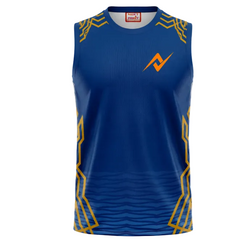 Mumbai inspired blue sleeveless V neck sports fan t shirt front view