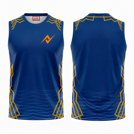 Premium blue sleeveless V neck sports fan t shirt side angle sportswear view