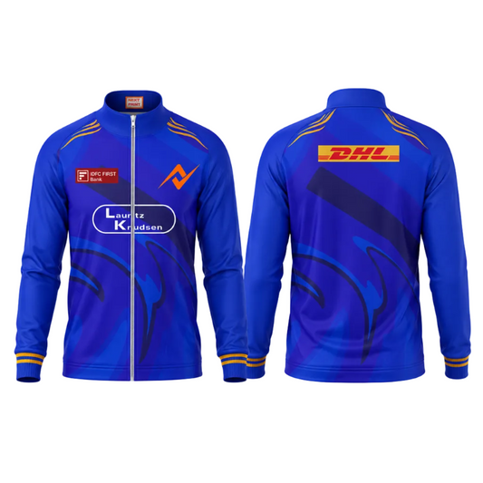 Premium blue sports fan zipper jacket side angle sportswear view