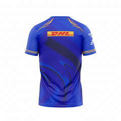 Blue V neck sports fan jersey back side with custom player number
