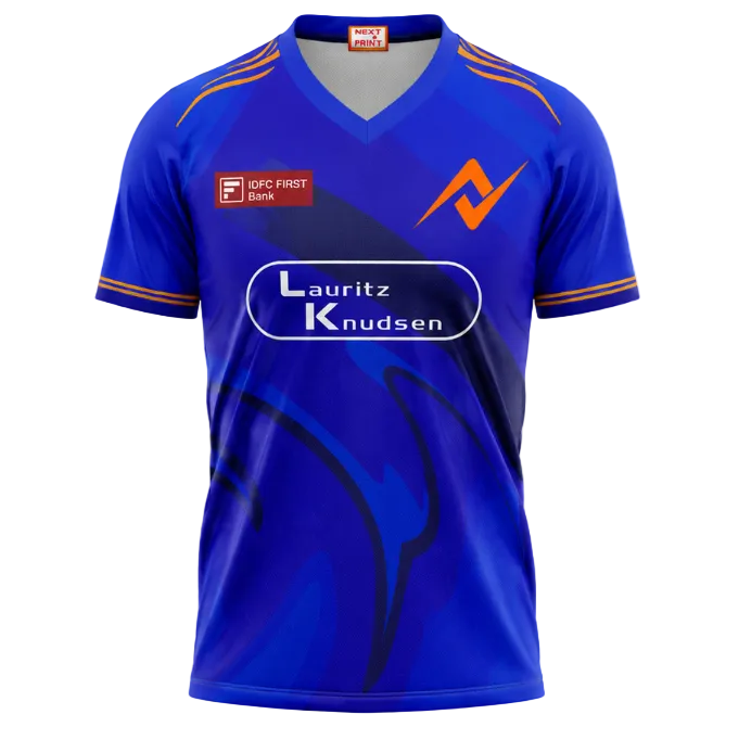 Mumbai inspired blue V neck sports fan jersey front view