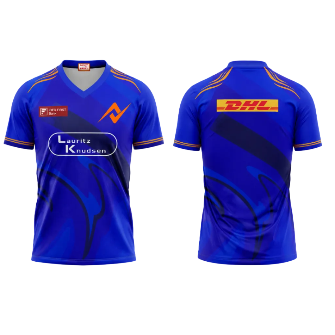 Premium blue V neck sports fan jersey side angle sportswear view