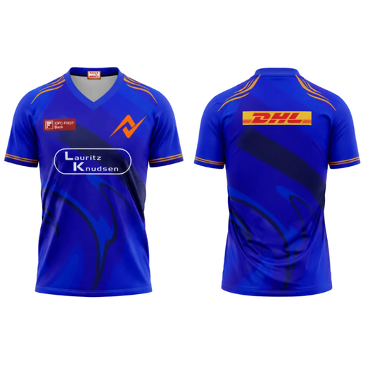 Premium blue V neck sports fan jersey side angle sportswear view