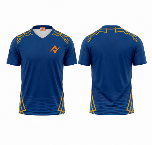 Premium blue V neck sports fan t shirt side angle sportswear view