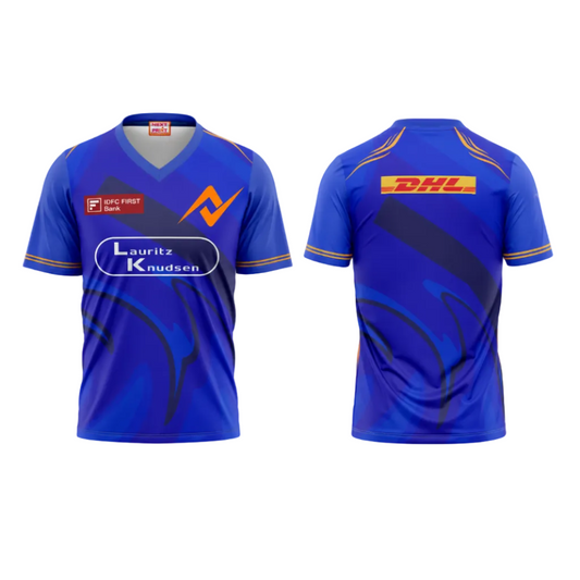Athletic blue V neck sportswear side profile performance jersey image