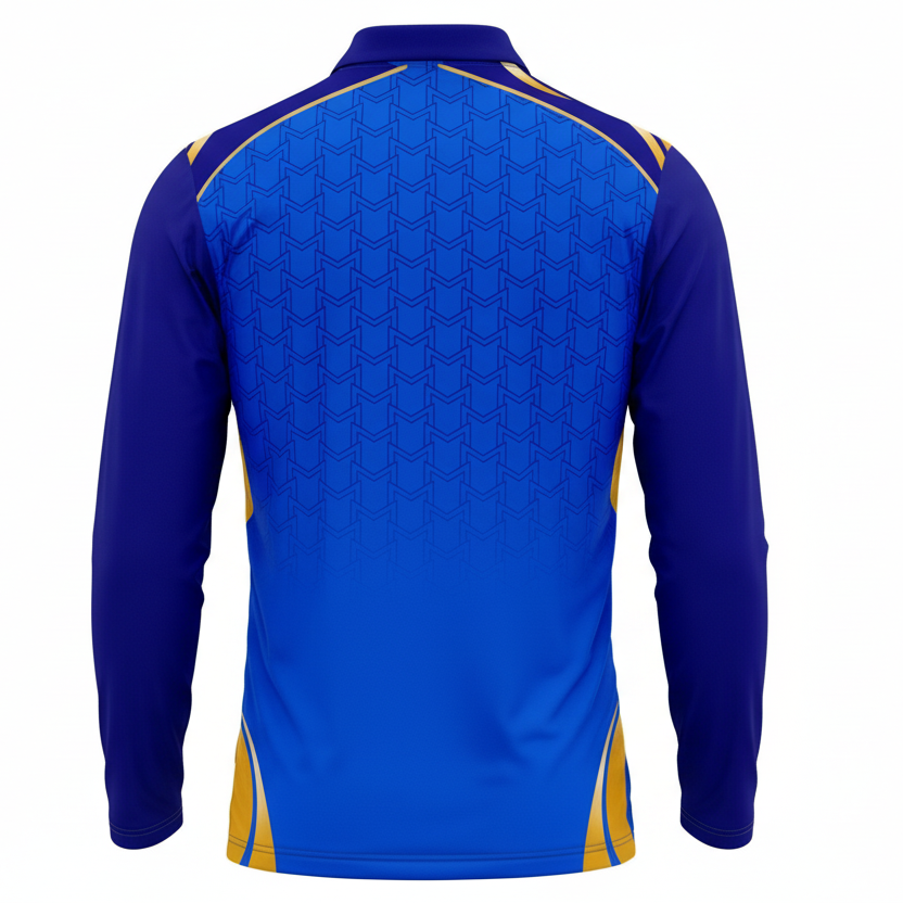 Premium blue gold full sleeve cricket fan jersey side angle sportswear view