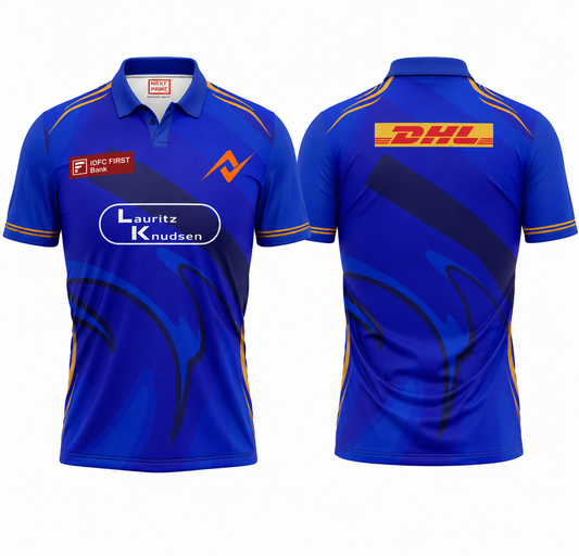 Premium blue polo collar cricket fan wear side angle sportswear view