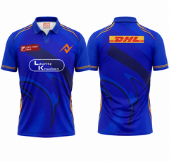 Premium blue polo collar cricket fan wear side angle sportswear view