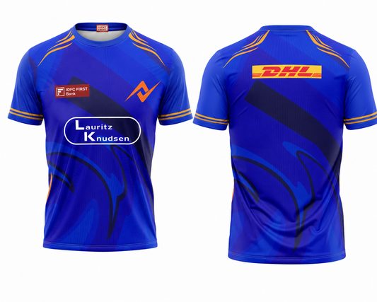 Premium blue printed round neck cricket fan jersey side angle sportswear view