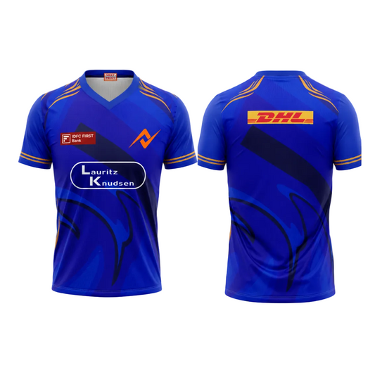 Premium blue printed V neck cricket fan jersey side angle sportswear view