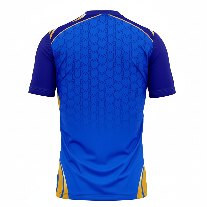 Premium blue gold full sleeve cricket fan jersey side angle sportswear view
