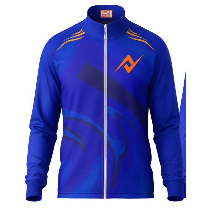 Mumbai inspired royal blue performance fan jacket front design