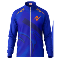 Mumbai inspired royal blue performance fan jacket front design