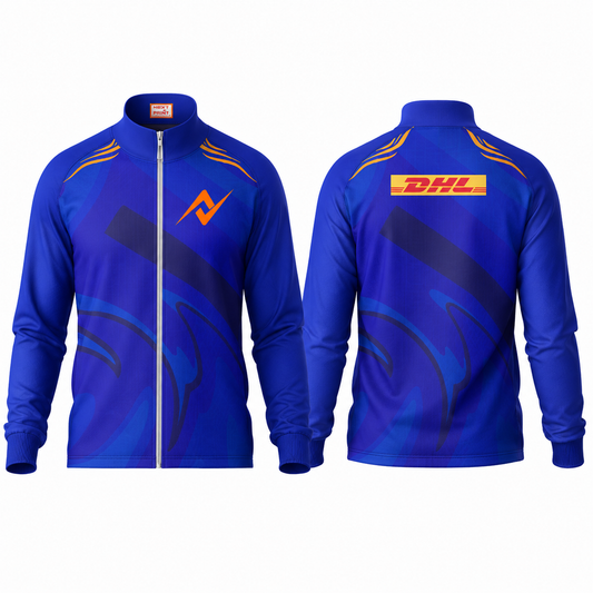 Athletic royal blue performance fan jacket side profile sportswear image