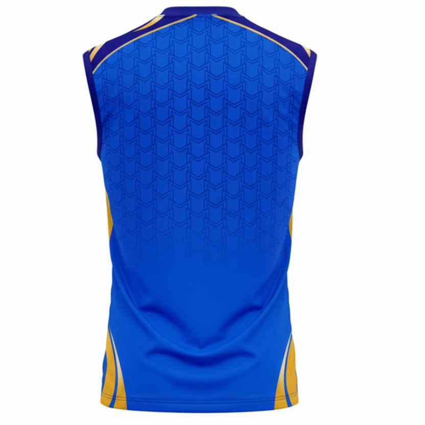 Premium blue sleeveless cricket fan jersey side angle sportswear view