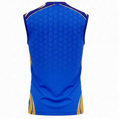 Premium blue sleeveless cricket fan jersey side angle sportswear view