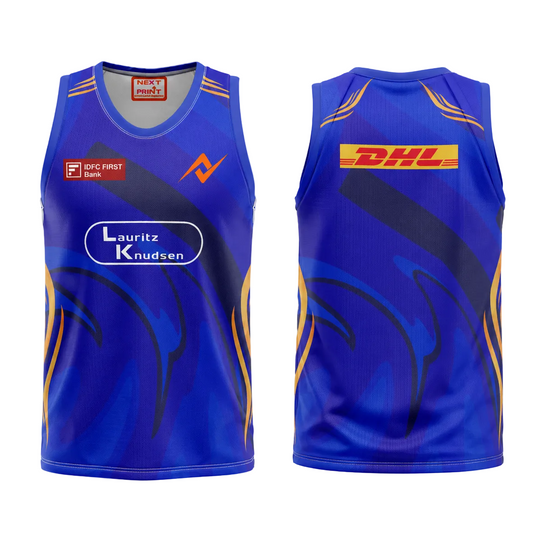 Premium blue sleeveless cricket fan wear side angle sportswear view