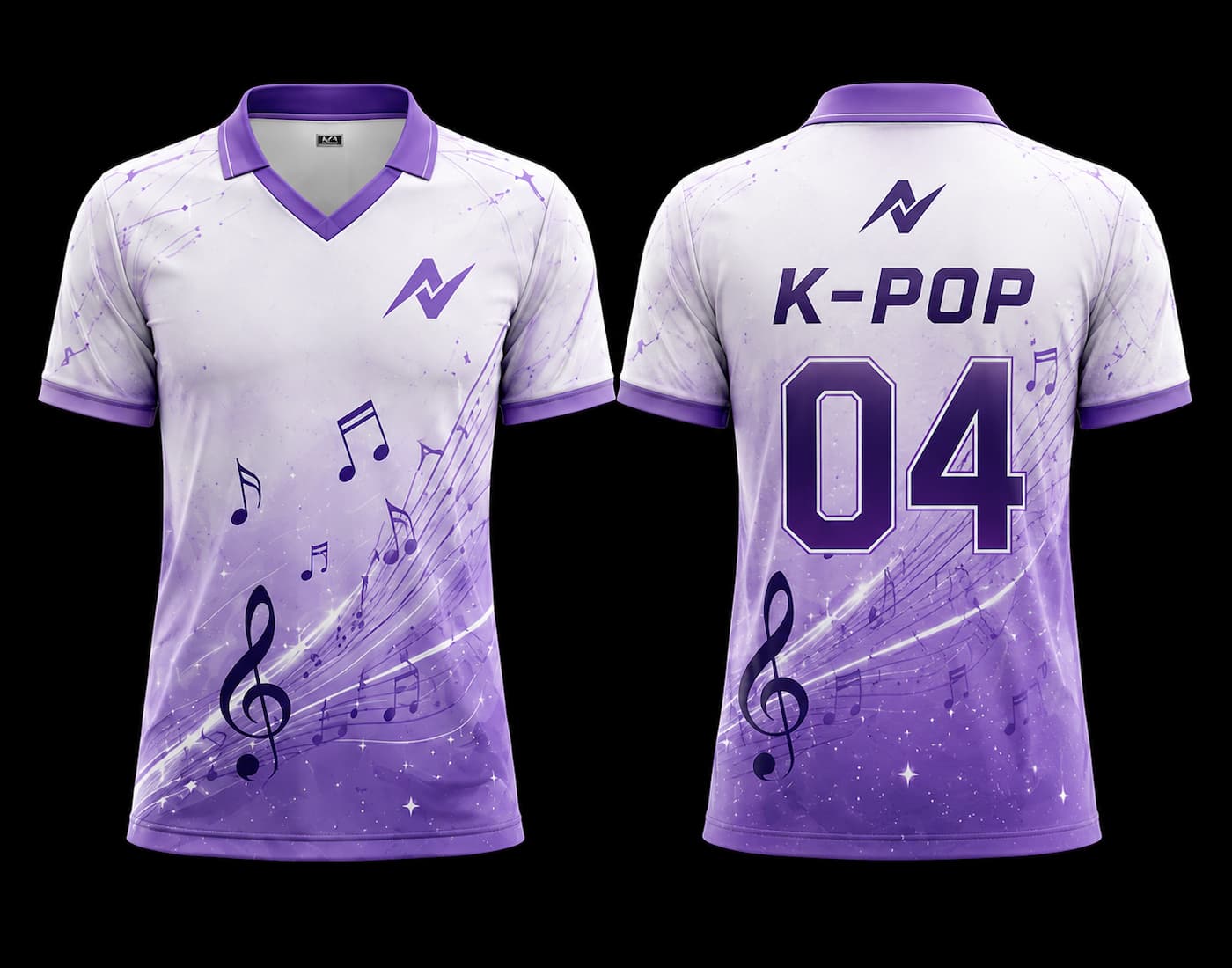 Front and back view of a white and lavender V-neck polo K-pop jersey featuring musical notes, treble clef graphics, and premium sublimation printing.