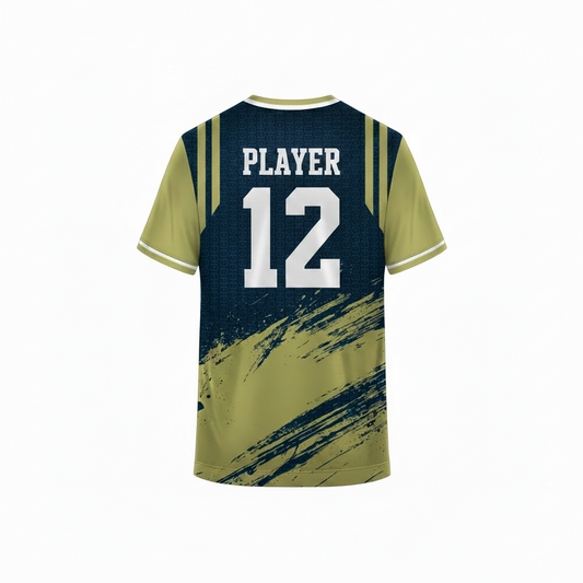 Navy blue and beige custom sports jersey back view with abstract brush stroke pattern for cricket football volleyball and esports team uniforms by NextPrint