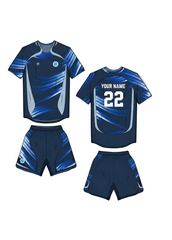 Navy blue abstract sports jersey with matching shorts front and back view custom football cricket and training team uniform
