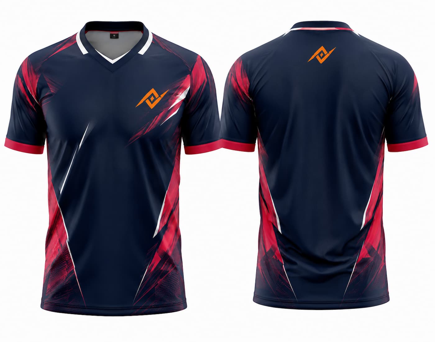 Front and back view of a navy blue and crimson red V-neck cricket jersey featuring dynamic side graphics with custom logo placement on the chest and below the back neckline.