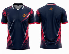 Front and back view of a navy blue and crimson red V-neck cricket jersey featuring dynamic side graphics with custom logo placement on the chest and below the back neckline.