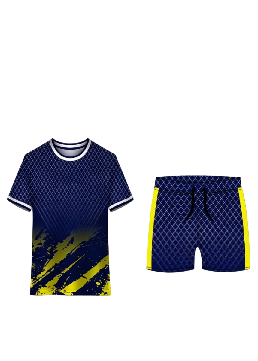 Navy blue sports jersey with shorts yellow accents custom football kit India