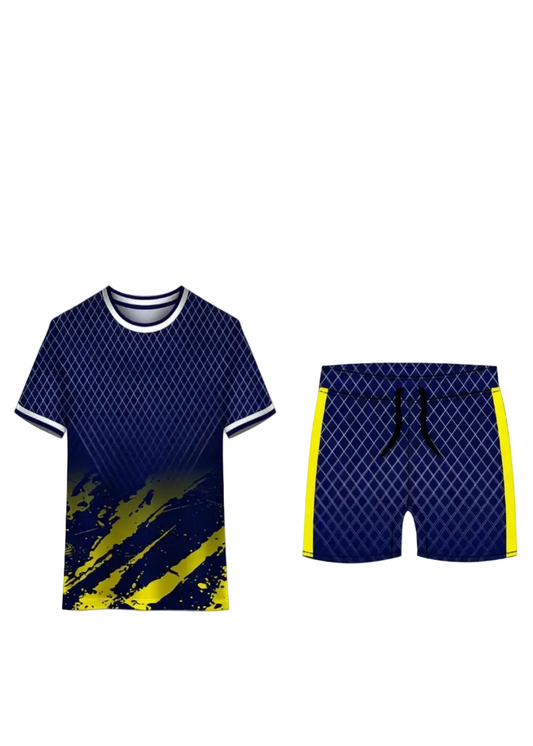 Navy blue sports jersey with shorts yellow accents custom football kit India