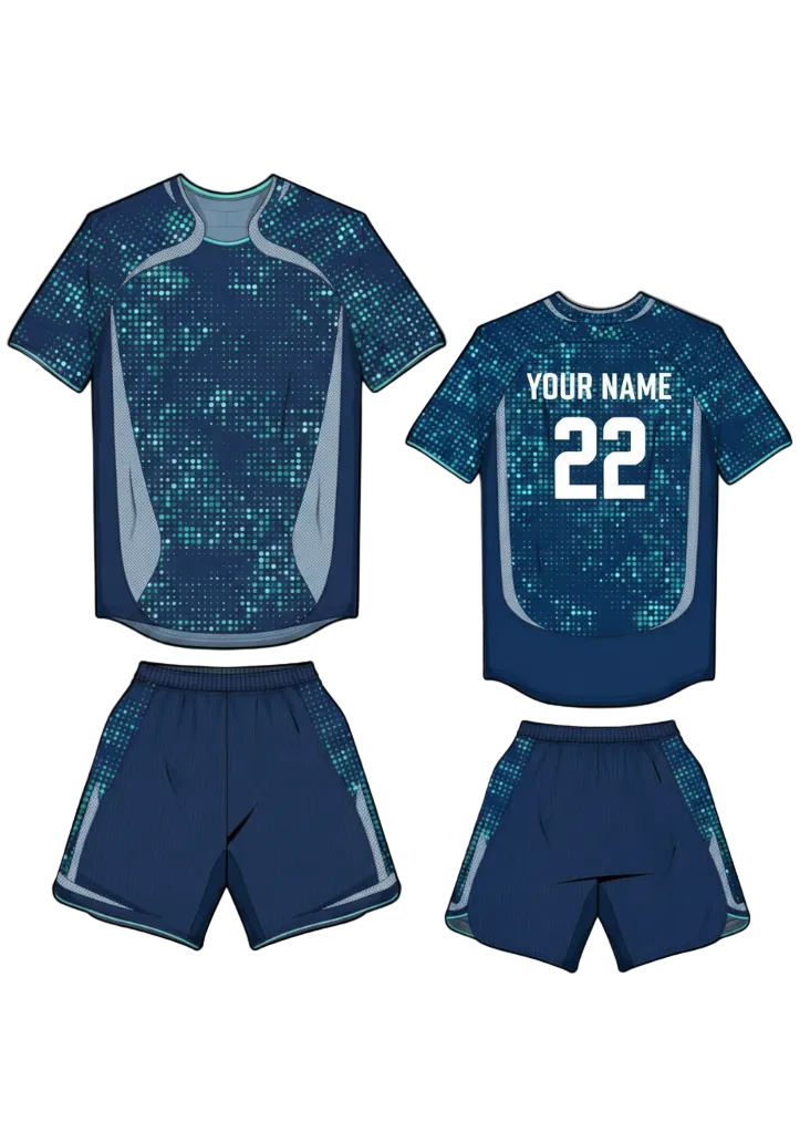 Navy blue dot pattern sports jersey with matching shorts front and back view custom football cricket and training team uniform