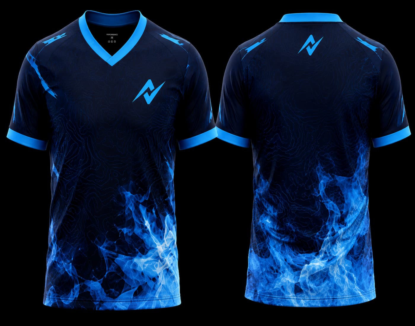 Navy blue V-neck esports jersey featuring blue flame graphics and premium front and back sublimation gaming jersey design.