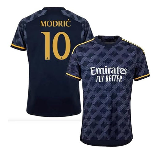 Front and back view of a navy blue geometric pattern football jersey with gold accents and customizable name and number, designed for soccer teams, training sessions, and match-day performance.