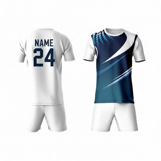 Navy blue geometric activewear t-shirt with white shorts back view