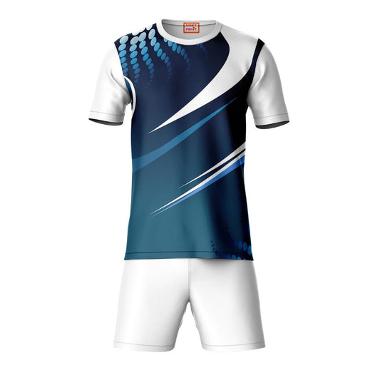 Navy blue geometric sports t-shirt with white shorts co-ord set front view