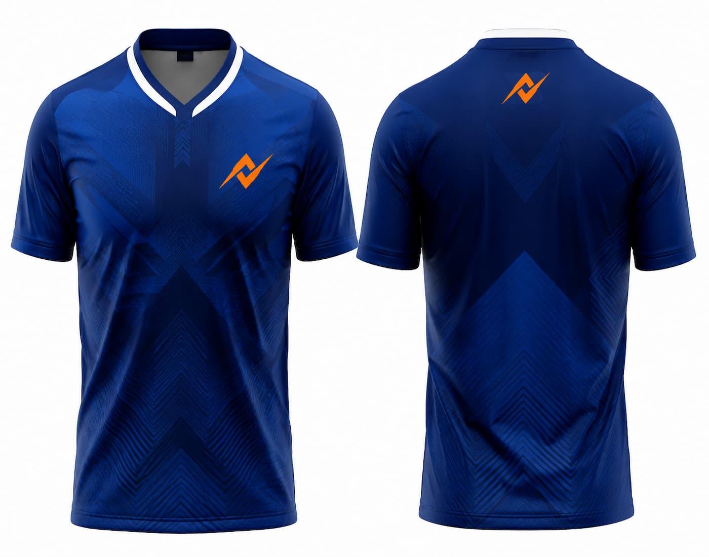Front and back view of a navy blue geometric V-neck custom cricket jersey with orange logo placement on the chest and below the back neckline.