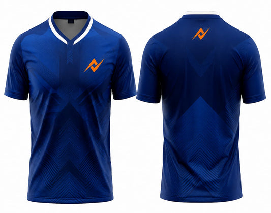 Front and back view of a navy blue geometric V-neck custom cricket jersey with orange logo placement on the chest and below the back neckline.