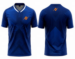 Front and back view of a navy blue geometric V-neck custom cricket jersey with orange logo placement on the chest and below the back neckline.