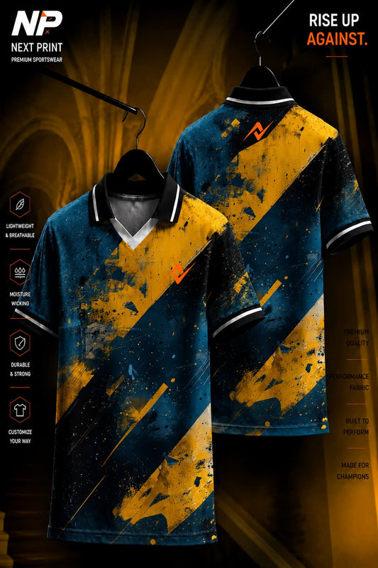 Front and back view of a navy blue and gold abstract stripe polo sports jersey with premium dry-fit performance fabric.