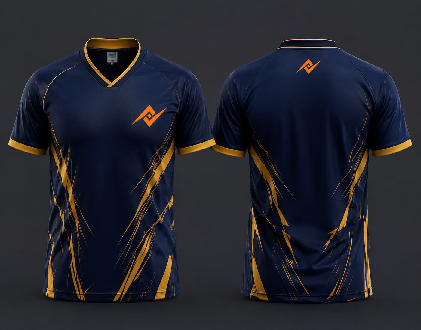 Front and back view of a navy blue and gold lightning V-neck cricket jersey featuring an orange logo on the chest and below the back neckline.
