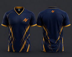 Front and back view of a navy blue and gold lightning V-neck cricket jersey featuring an orange logo on the chest and below the back neckline.