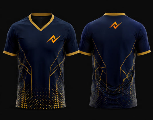 Navy blue and gold V-neck cricket jersey with geometric sublimation design shown from front and back featuring a clean blank back.