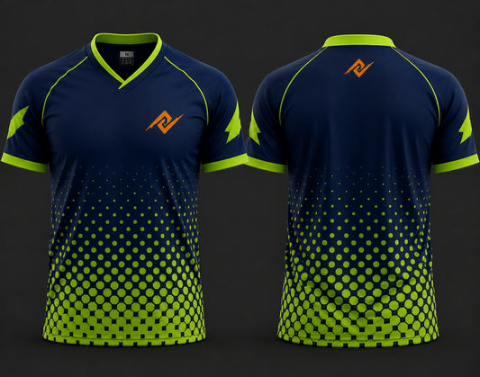 Front and back view of a navy blue and neon green hexagon pattern V-neck cricket jersey featuring an orange logo on the left chest and below the back neckline.