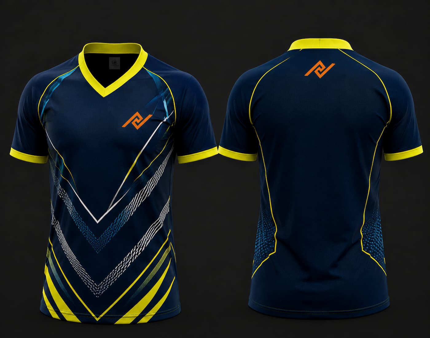 Front and back view of a navy blue V-neck cricket jersey featuring neon yellow chevron graphics with an orange logo on the left chest and below the back neckline.
