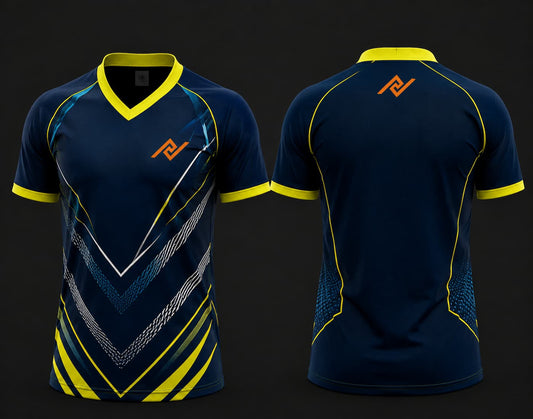 Front and back view of a navy blue V-neck cricket jersey featuring neon yellow chevron graphics with an orange logo on the left chest and below the back neckline.