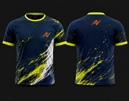 Front and back view of a navy blue and neon yellow round neck cricket jersey featuring bold paint splash graphics with an orange chest logo and back neck logo.