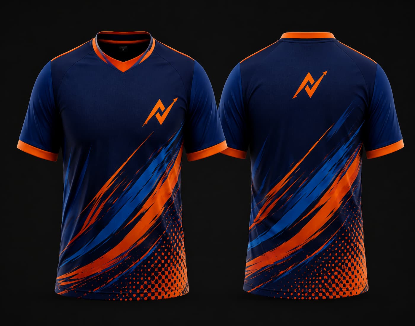 Front and back view of a navy blue and orange brush stroke V-neck cricket jersey with custom logo placement and sublimation sportswear design.