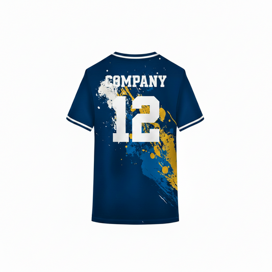 Navy blue custom sports jersey back view with yellow and white paint splash design for cricket football volleyball and esports team uniforms by NextPrint