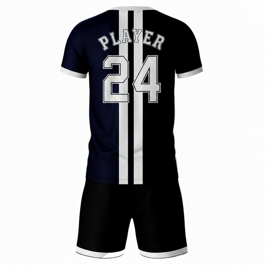 Navy blue pattern sports jersey with black shorts back view