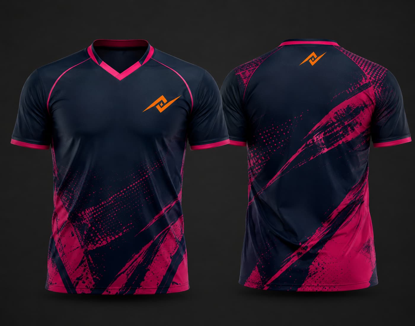 Navy blue and pink custom V-neck cricket jersey featuring bold pink brush-stroke graphics with chest logo and back neck logo, shown in front and back view.