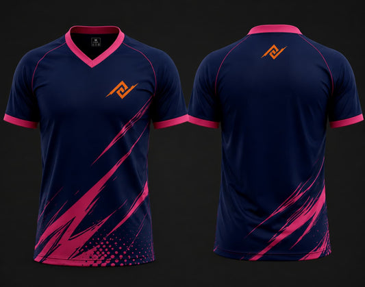 Front and back view of a navy blue and pink slash pattern V-neck cricket jersey with an orange logo on the left chest and below the back neckline.
