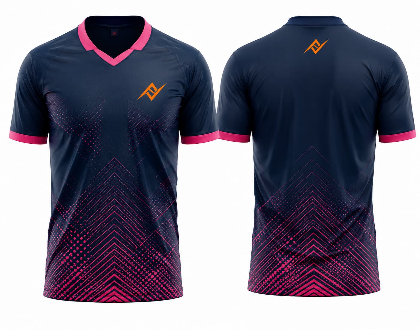 Front and back view of a navy blue and pink V-neck cricket jersey featuring geometric gradient graphics with custom logo placement on the chest and below the back neckline.
